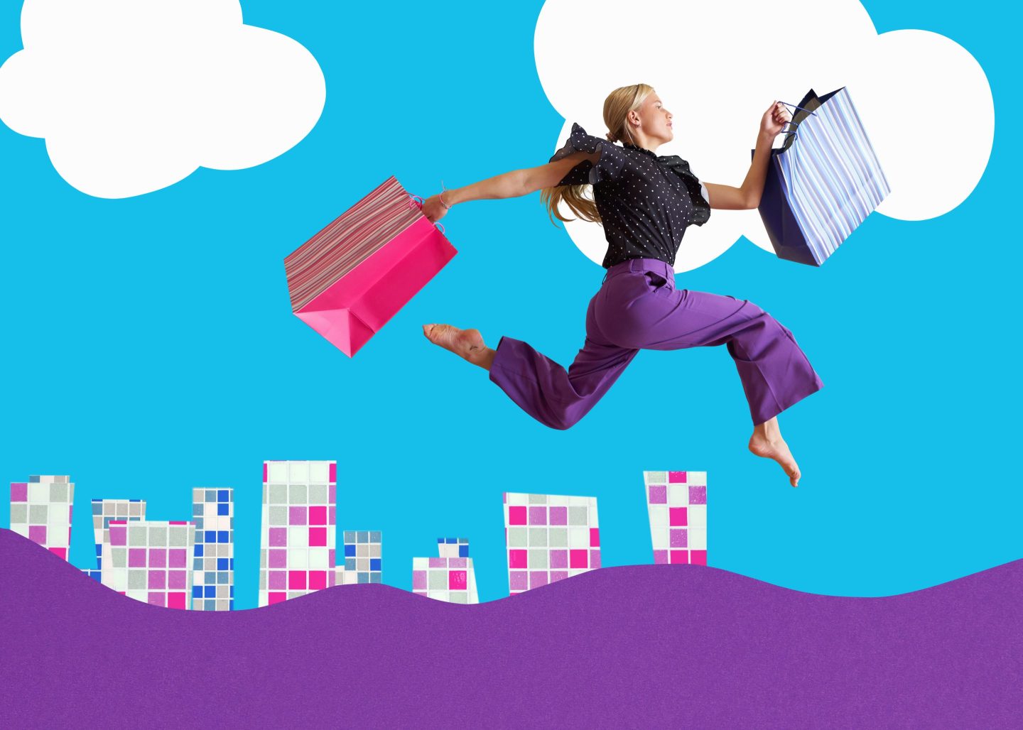 Woman running Mid-Air carrying shopping bags with montage city background